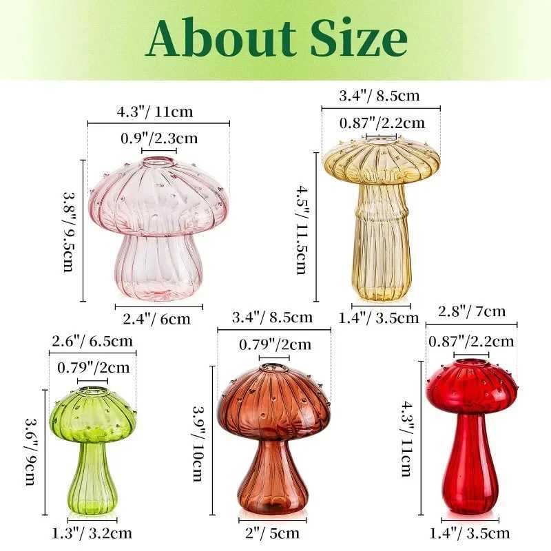 5Pcs Glass Mushroom Flower Vase Cute Colored Glass Vase Unique Bud Small Vase Flowers Aesthetic Decorative Vases for Home Decor Y260314