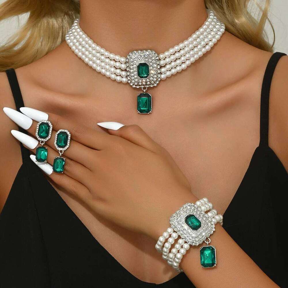 Pearl Emerald Set Multi-Strand Necklace Bracelet Earrings for Women Party Evening Statement Jewelry Z260313