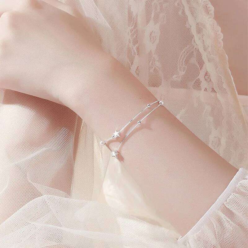 925 Sterling Silver Double Star Frosted Beads Bracelet Ladies Stylish Simple Birthday Wedding Anniversary Jewelry Gift Z260313