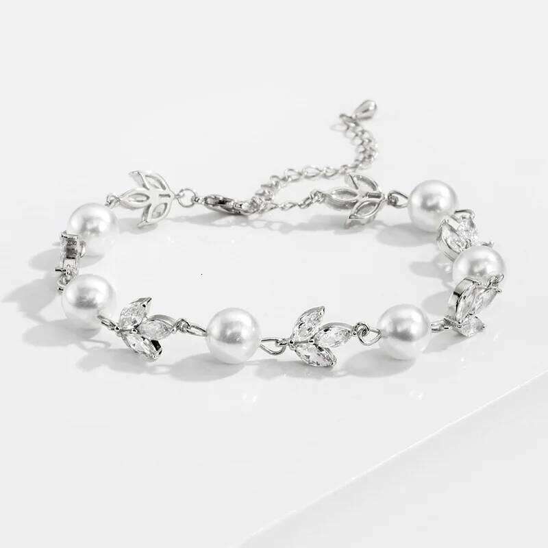 2024 New Trendy simulated pearl Leaves silver color on hand Bracelet for Women Adjustable Party Gift Jewelry Wholesale S6064 Z260313