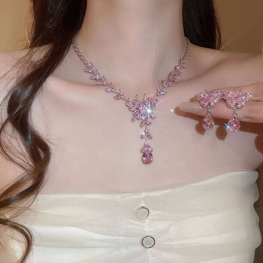 Zircon Butterfly Water Drop Tassel Jewelry for Women 2025 Korean Fashion Temperament Light Luxury Necklace Earring Sets Z260313