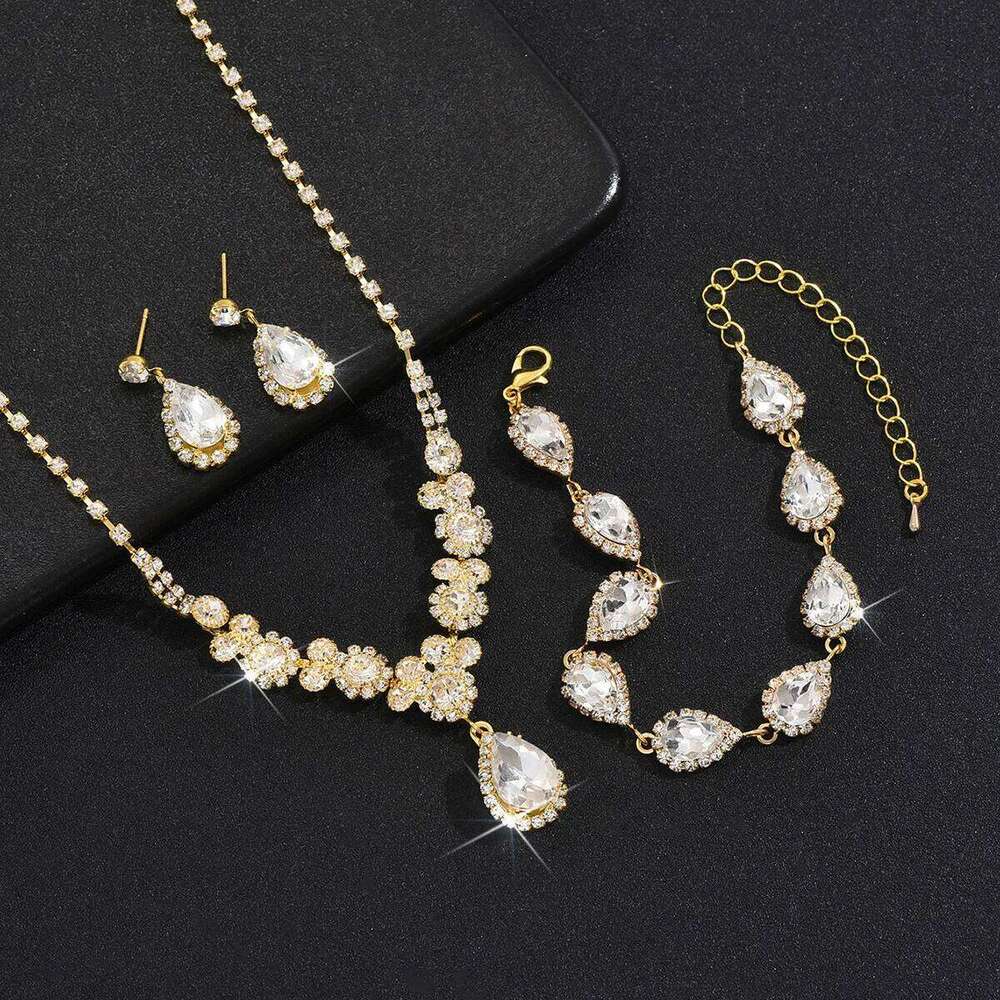 4PC Women's Fashion Copper Inlaid Claw Chain Water Drop Necklace Earrings Bracelet Set Suitable for Wedding, Party, Festival Gif Z260313