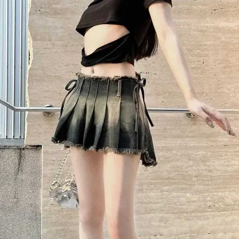 Pleated Skirts Women Slim Gothic Summer Y2k Denim Clothing School s Mini Vintage Ins Fashion All-match Faldas Tassel Design M260314
