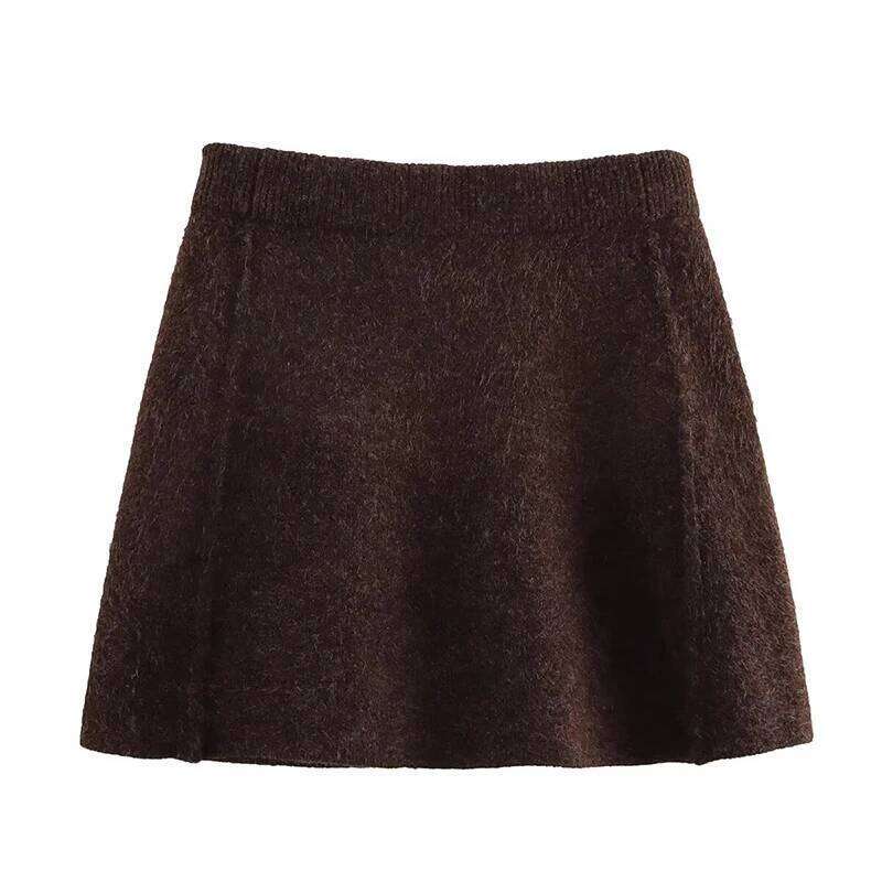 YENKYE 2025 Women Brown Side Seams Knit Mini Skirt Vintage High Waist A-line Elegant Skirts faldas mujer Z260314