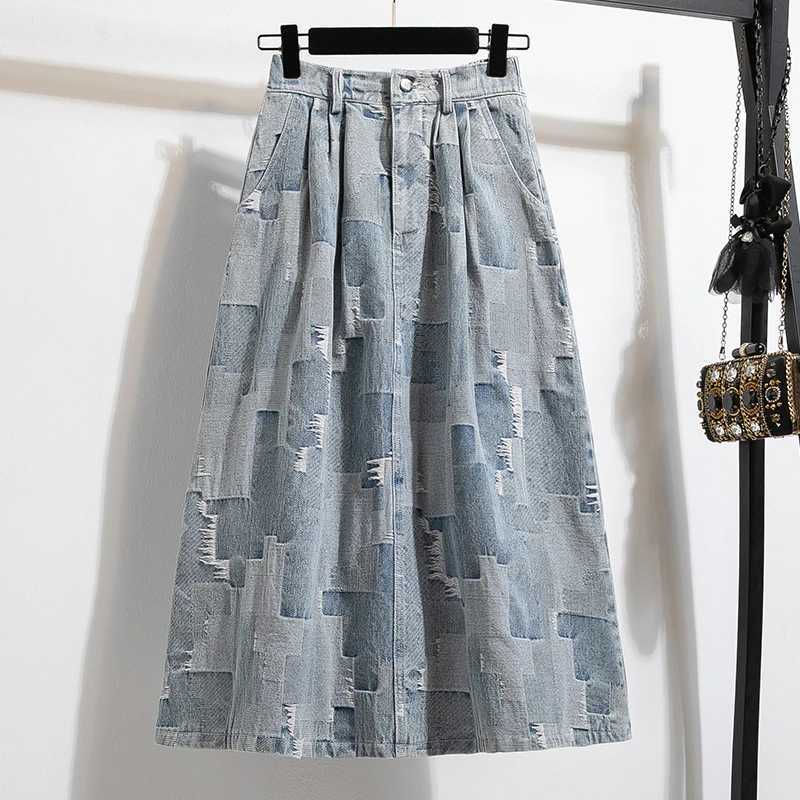 High Waist A-Line Midi Skirt Womens Denim f-length Spring Autumn Faion Slimming Loose Umbrella Skirt Korean Sle M260314