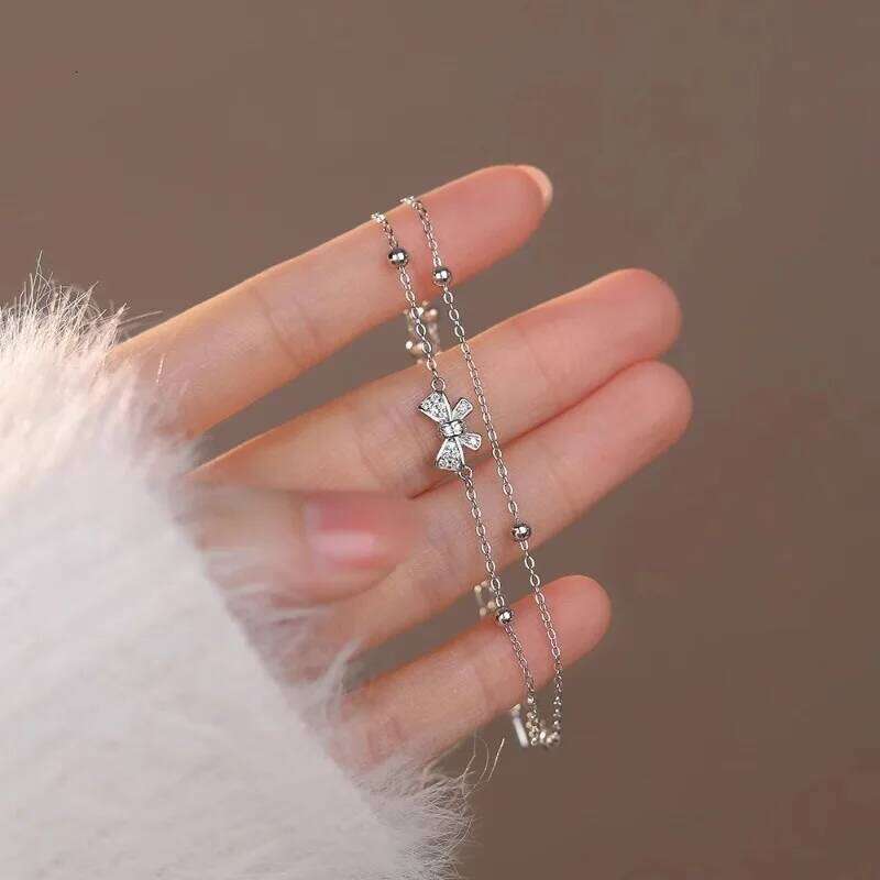 925 Sterling Silver Double Layer Bead Bracelets For Women Retro Korean Zircon Bowknot Chain Bracelet Party Jewelry Z260313