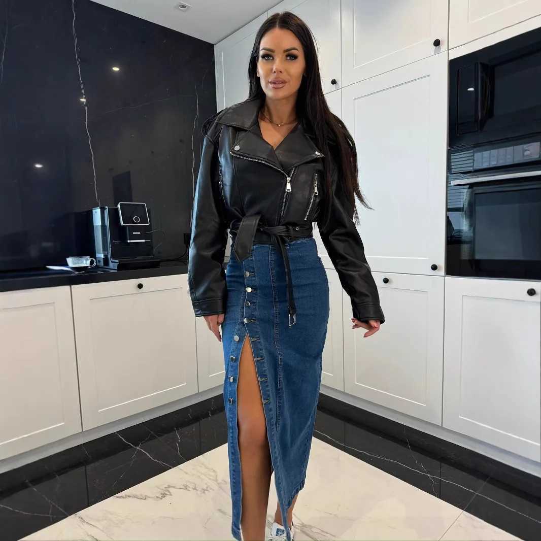 2026 Y2k Skirts Denim Women Long Skirt Single Breasted Irregular Split Stretch High Waist Distressed Washed Summer Streetwear M260314