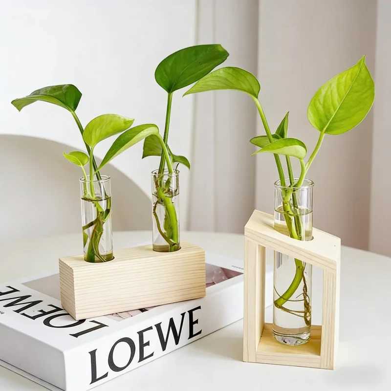Desktop hydroponic plant glass test tube vase wooden flower stand creative home decoration flower arrangement container ornament Y260314