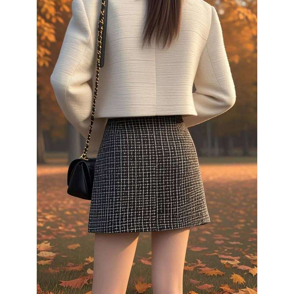High Waist Thicken Tweed Short Pencil Skirt With Button Autumn Winter Vintage Plaid Slim Bodycon Mini Skirts Lady Z260314