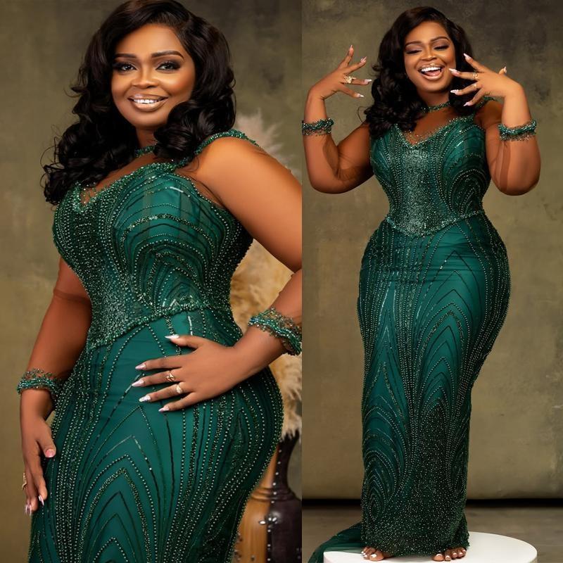 Plus Size Emerald Green Prom Dresses 2026 Mermaid Evening Formal Dress For Black Women Illusion Beaded Lace Flora Crystals Birthday Second Reception G