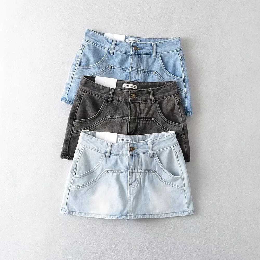 Skirts for Women Sexy Slim Solid Colour Pockets Spliced 2024 Summer Casual Femme High Waist Wrap Hip Mini Short Denim Skirt M260314