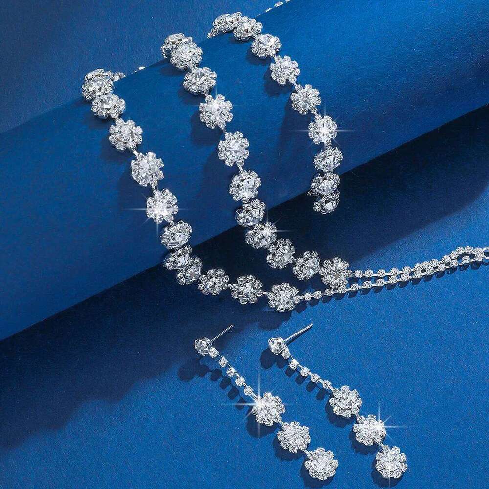 Shiny Flower Crystal Jewelry Set 4Pcs Necklace+Bracelet+Earrings Silver Plated Choker for Women Party Wedding Evening Fashion Z260313