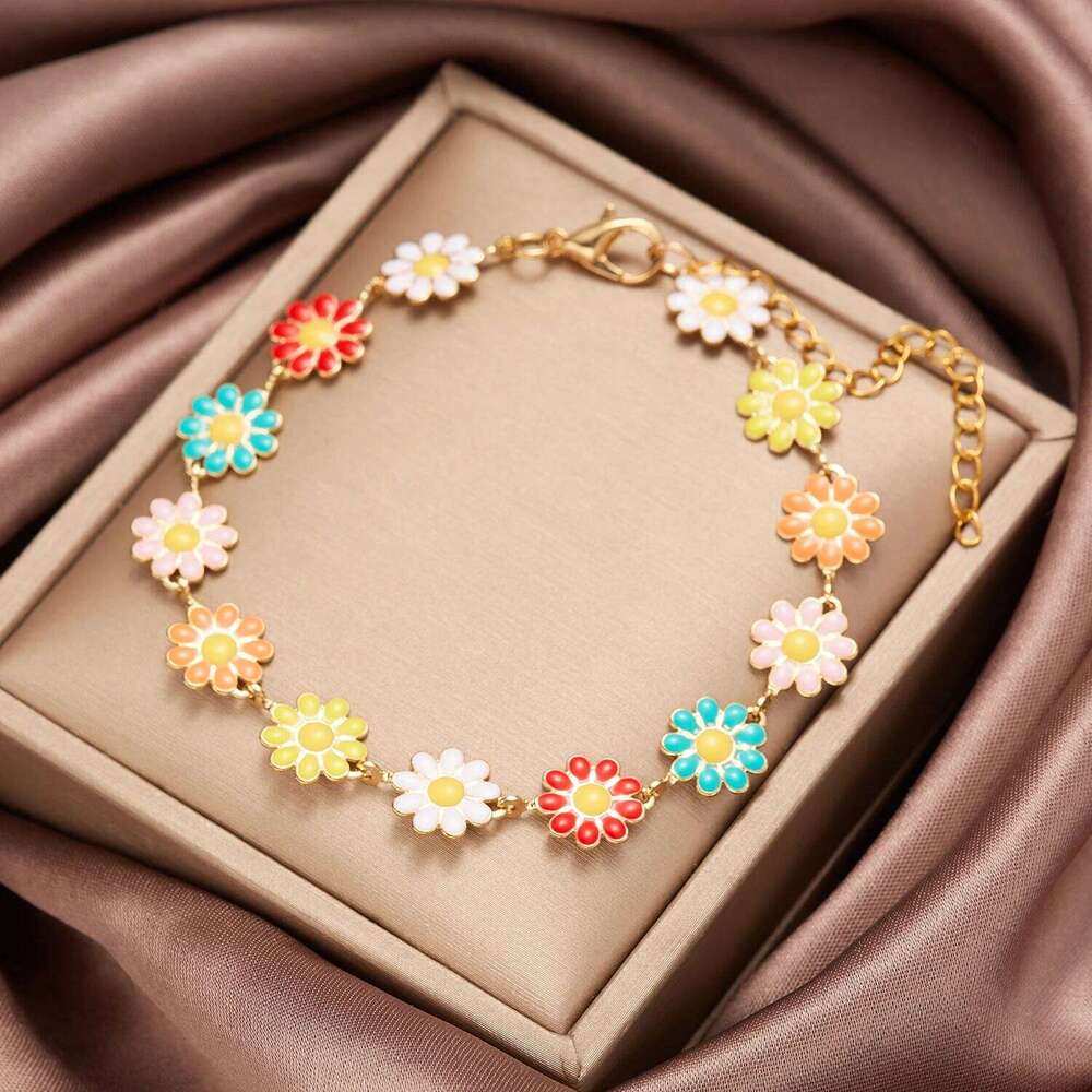 Vintage Bohemian Full Daisy & Bangle Summer Fashion Flower Chain Charm Bracelet For Women Travel Wristband Jewelry Z260313