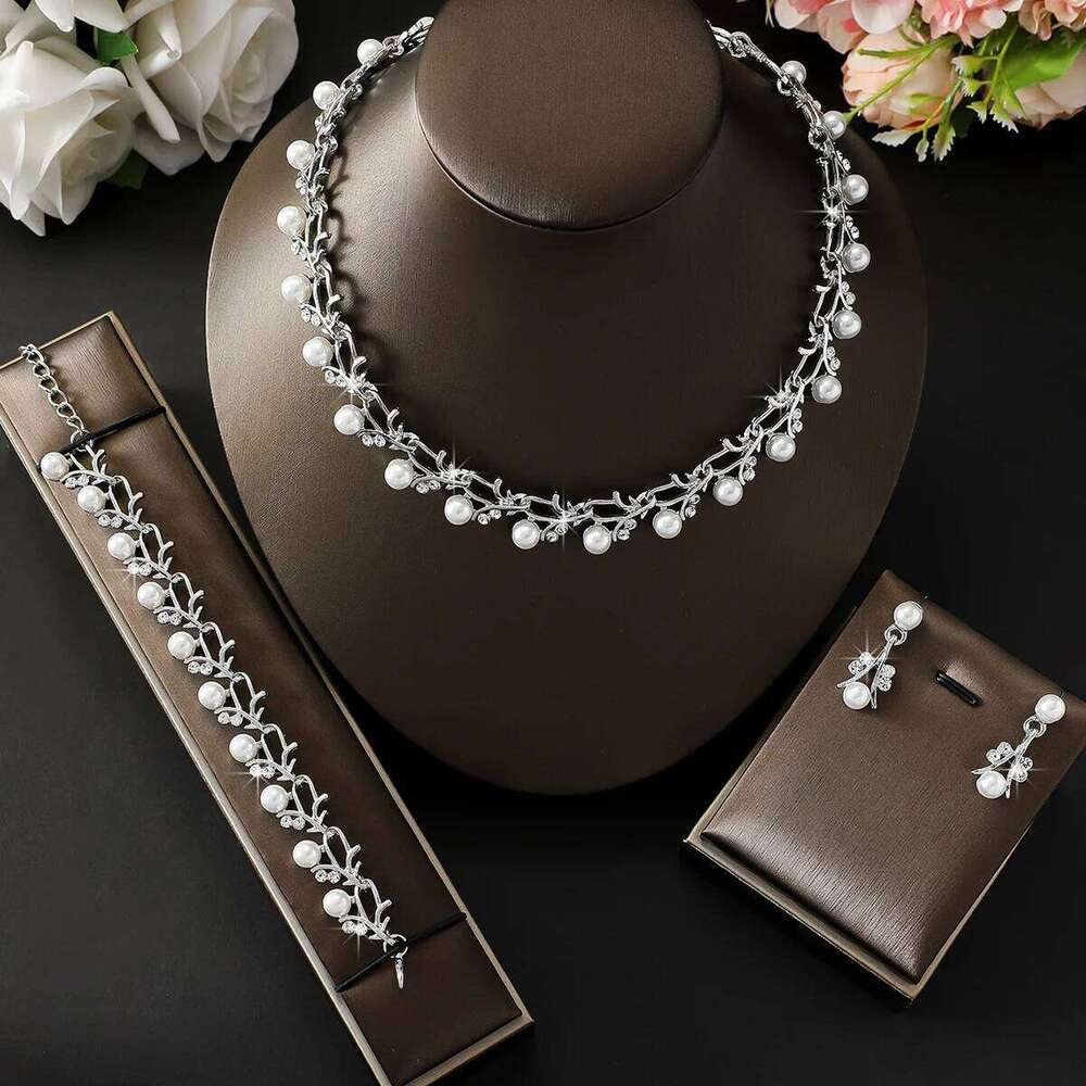 4pcs women's jewelry set with pearl rhinestone necklace, earrings, bracelets, bride's wedding accessories Z260313