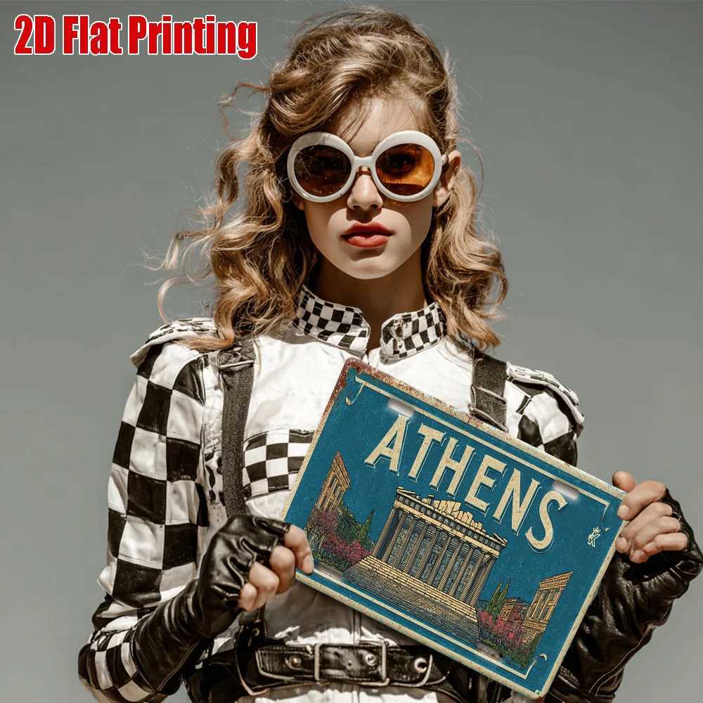 Athens Metal License Plate Sign - Retro Travel Wall Art with Athens Parthenon Design Blue White Aluminum Decor for Home Bar D260314