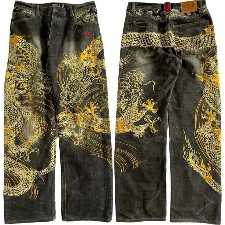 Harajuku Punk Japanese Jeans Mens Dragon Snake High Quality Jeans Gothic Retro Hip Hop Street Denim Fabric Wide Leg Pants 260311