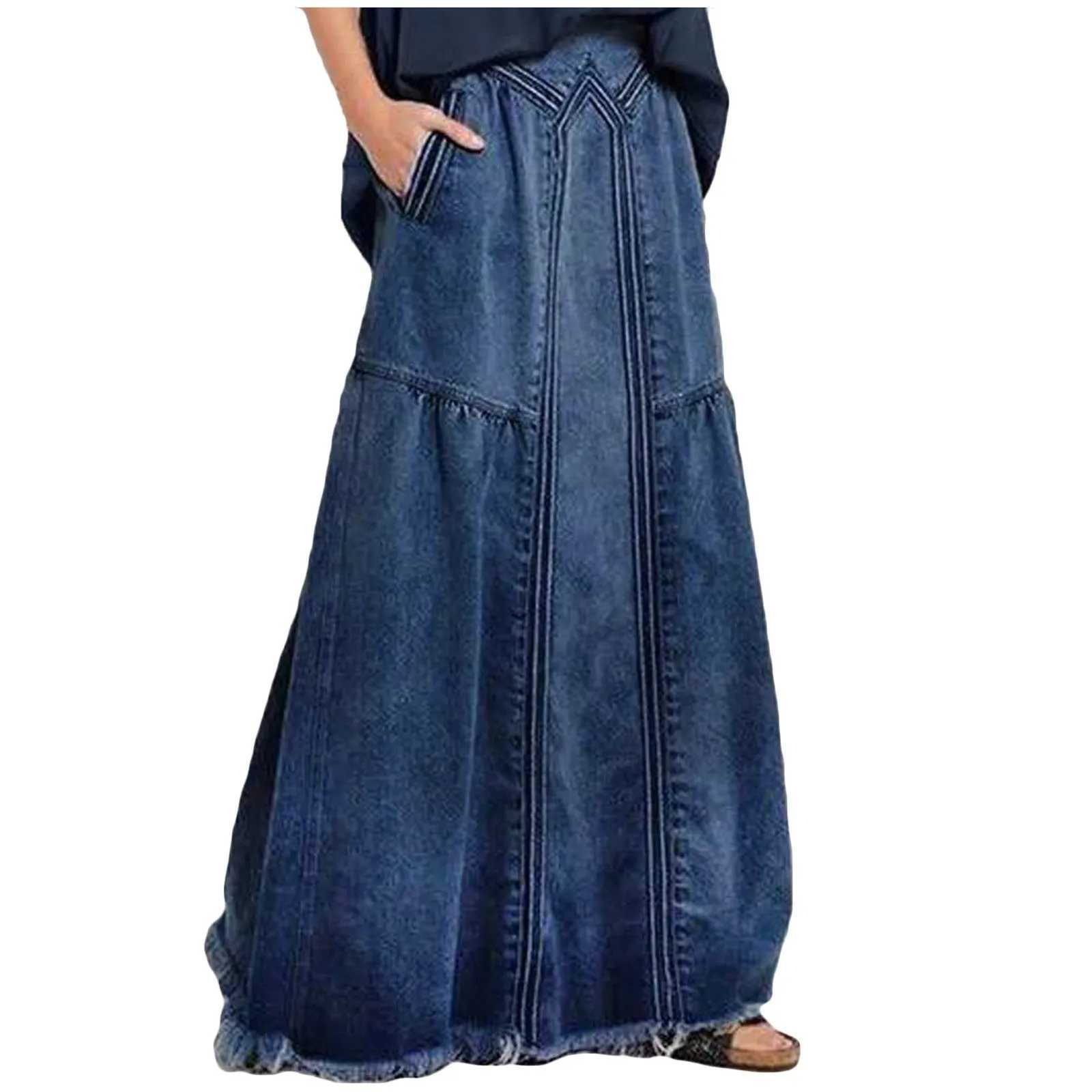 Womens Denim skirt Patchwork Casual Loose Skirts WiTH PoCKets Solid Color RETRO fashion faldas cool street long skirt M260314
