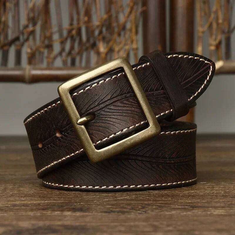 3.8CM Pure Cowhide High Quality Genuine Leather Belts for Men Carve Strap Male Brass Buckle Fancy Vintage Jeans Cowboy Cintos Z260226