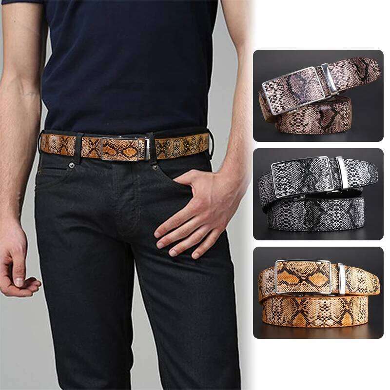 Punk Rock Metal Long Buckle Belt Pattern Belts For Men Fashion Casual Faux Leather Straps Classic Snake Skin Waistband Z260226