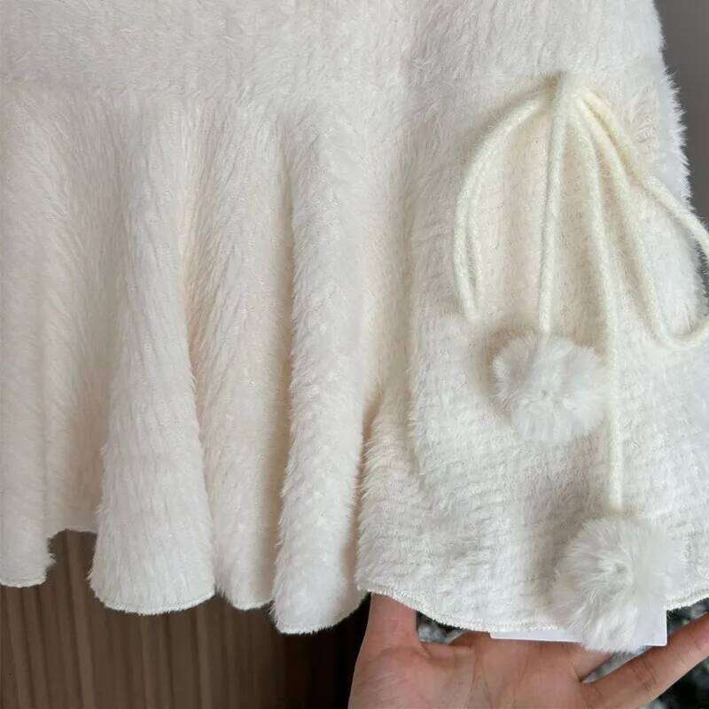 Spring Autumn Winter Women White Short Japanese Fashion Female High Waist Knitted Skirts Ruffled A-line Mini Skirt Z260314