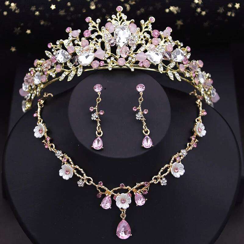 Pink Crown Bride Princess Wedding Tiaras Flower Choker Necklace Set Bridal Earring Costume Jewelry Sets Accessories Z260313