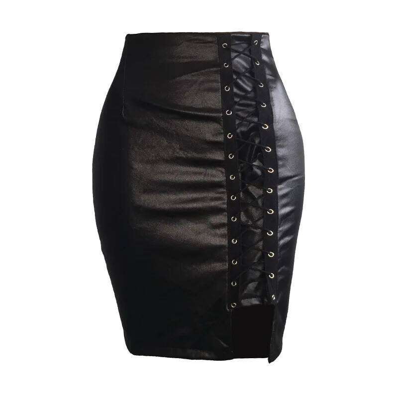 Spring Summer Women Side Split Pencil Black Lace Up PU Leather Skirts Vintage Bodycon High Waist Mini Skirt Z260314