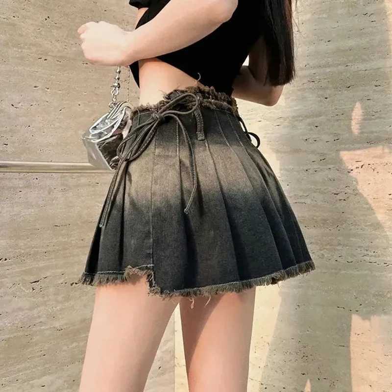Pleated Skirts Women Slim Gothic Summer Y2k Denim Clothing School s Mini Vintage Ins Fashion All-match Faldas Tassel Design M260314
