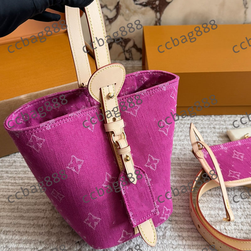Lady Designer Fuchsia Cowboy Denim Old Flower All IN BB Bucket Clutch Tote Vanity Bag With Removable Adjustable Crossbody Leather Strap Portable Hand Purse 18x16cm