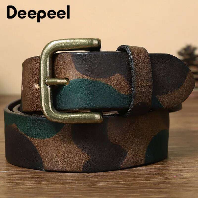 Deepeel 105-125cm Camouflage Cowhide Men's Belt Copper Pin Buckle Decorative Vintage Belts Genuine Leather Youth Mens Waistband Z260226