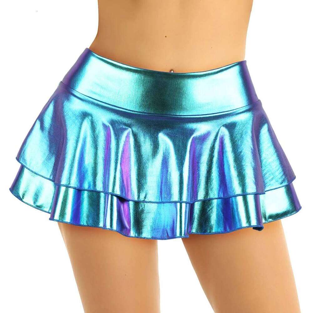 DPOIS Women Shiny Metallic Pleated Mini Skirt Adult Low Rise Elastic Skirts Ruffled Dance Costume Rave Carnival Festival Clothes Z260314