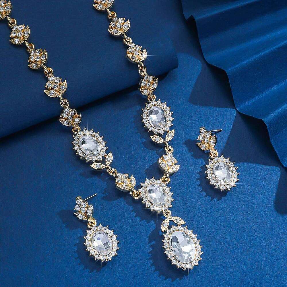 3PC women's fashionable geometric inlaid rhinestone necklace earring set, suitable for parties and holiday gifts Z260313