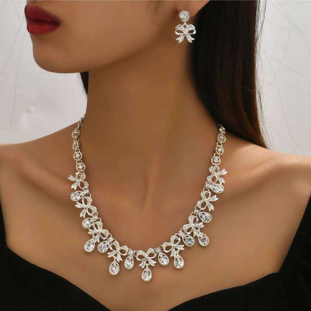 3 pcs women's jewelry set with rhinestones, bow necklaces, earrings, bridal wedding accessories Z260313