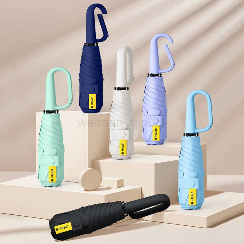 Portable buckle handle mini umbrella folding umbrella with five fold full blackout black rubber sunscreen umbrella UV resistant H260314