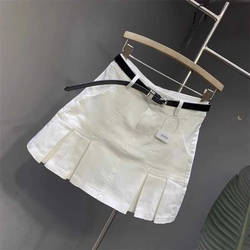 Korean Washed Cotton White Denim Pleated Skirt 2026 New Womens High Waisted Anti Glare Bodycon Short Pleated Skirt M260314
