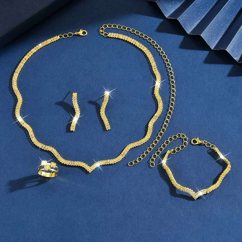Bling Scallop Edge Jewelry Set Women's Rhinestone Necklace Earrings Bracelet Ring 4Pcs Party Formal Statement Accessories Z260313