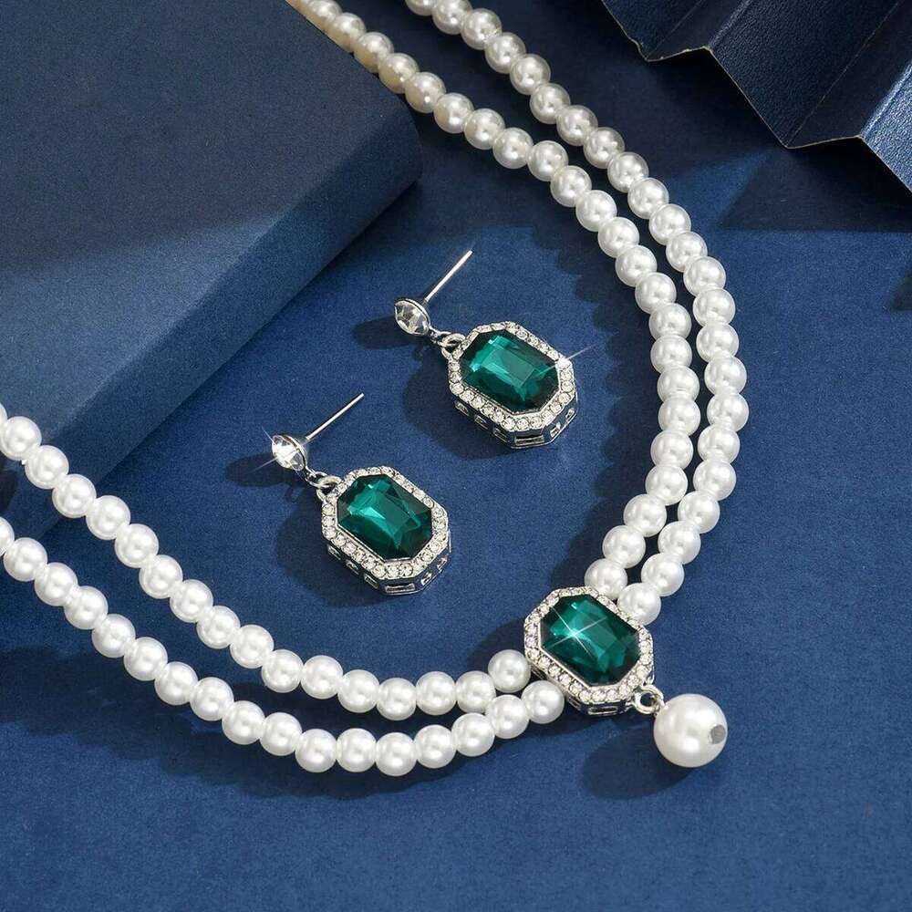 Fashionable double-layer pearl super sparkling geometric set, elegant and high-end jewelry set for women Z260313