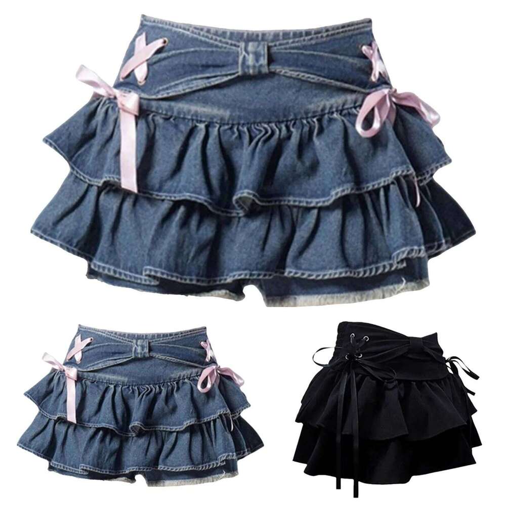 Tiered Skort With Pink Bows Women Low Vintage Pleated Adjustable Waist A Line Mini Denim Skirt Y2k Clothes Z260314