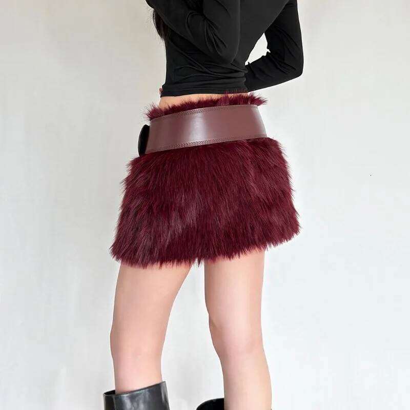 Winter Fashion High Waist Furry for Spicy Girl Stylish Slim Short Bodycon Skirt with Belt Women's Chic Burgundy Skirts Z260314