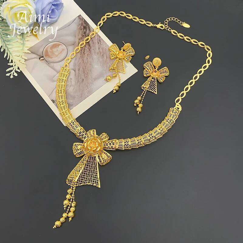 Italian Jewellery Sets Necklace with Drop Earrings Dubai 18K Gold Plated Jewelry Set for Women Fashion Wedding Party Gifts Z260313