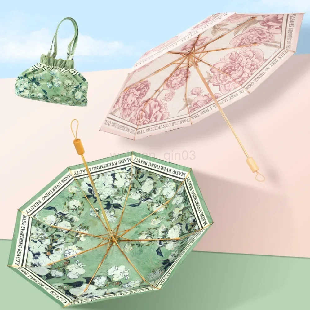 Double Layer Umbrella Wood Handle Vintage Floral Three Fold Umbrellas Foldable Uv Protection Sunshade Sun Protection Umbrellas H260314
