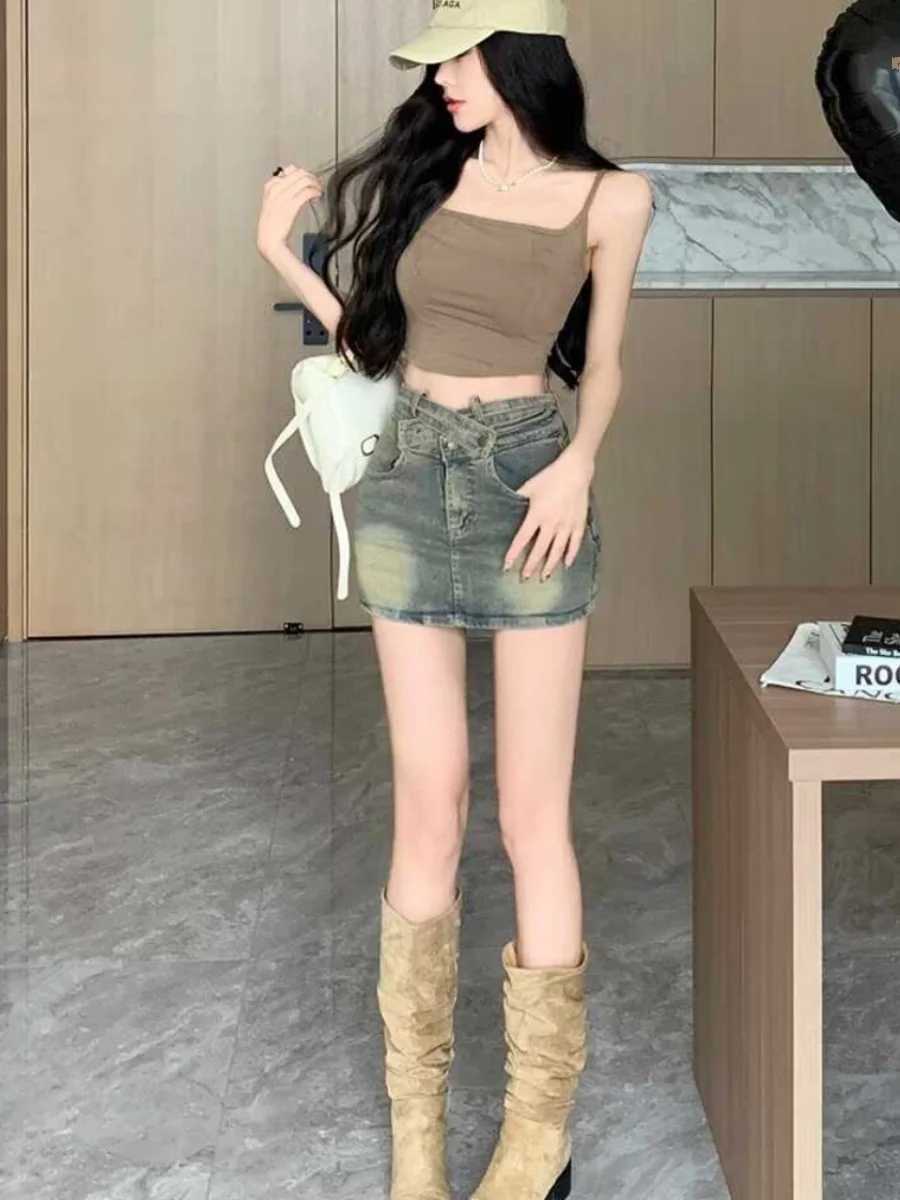 American Retro High Waist A-Line Skirt Womens Denim Elastic Waist Slimming Skirts for Summer Commute Wear Resistant M260314