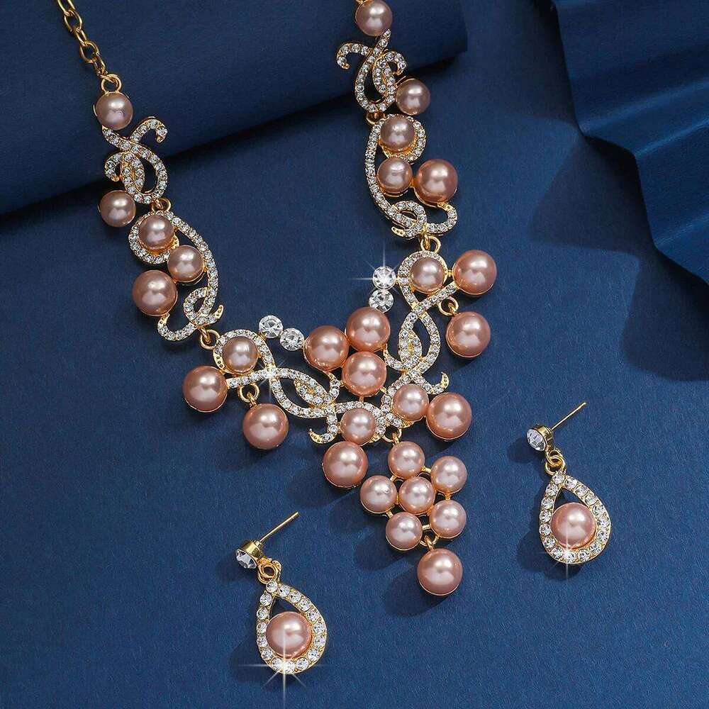 3pcs women's jewelry set, alloy water droplet shaped flower pearl necklace earrings, bride's wedding accessories Z260313