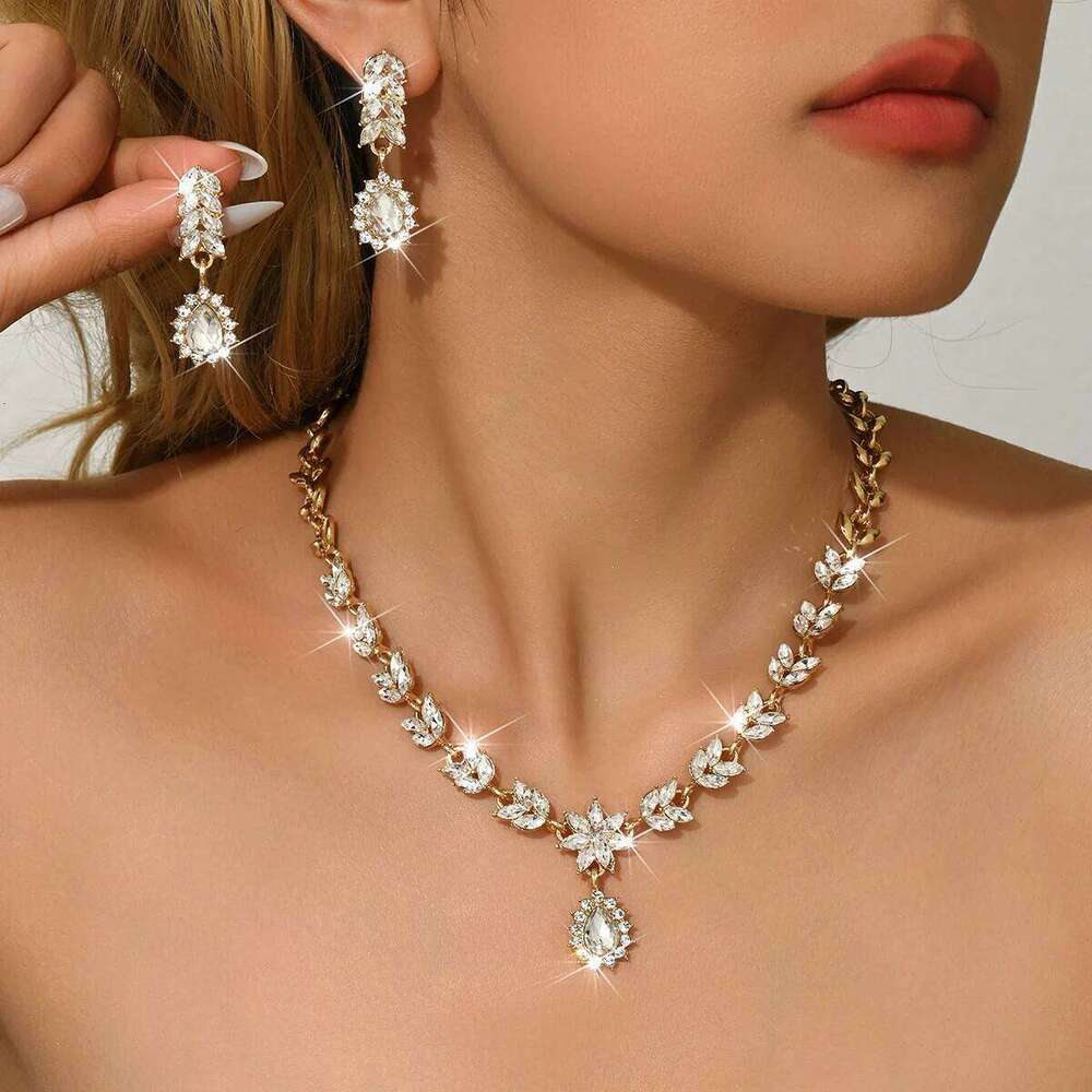 European and American versatile bride earrings necklace two-piece set full of diamond droplet jewelry wedding dress accessories Z260313