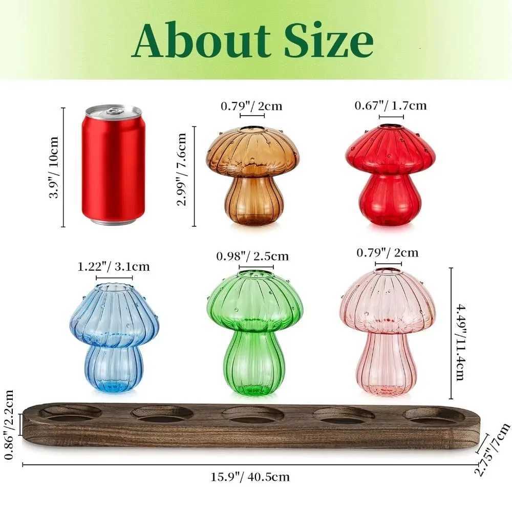 Mushroom Glass Planter Vase with Wooden Base Cute Indoor Greenery Plant Propagation Stations FlowersHydroponics Home Decor Y260314