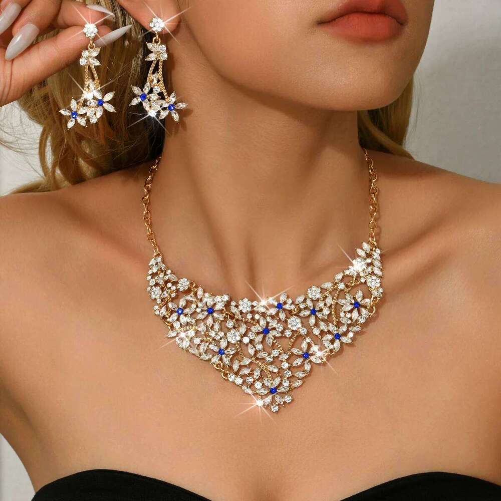 New Light Luxury Flower Accessories Water Diamond Bridal Wedding Necklace Earrings 2-piece Fashion Set for Women Z260313