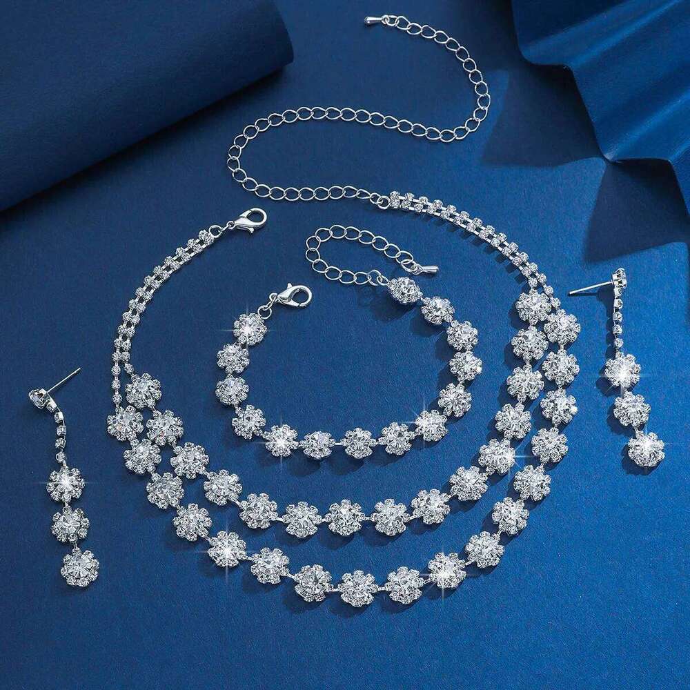 Shiny Flower Crystal Jewelry Set 4Pcs Necklace+Bracelet+Earrings Silver Plated Choker for Women Party Wedding Evening Fashion Z260313