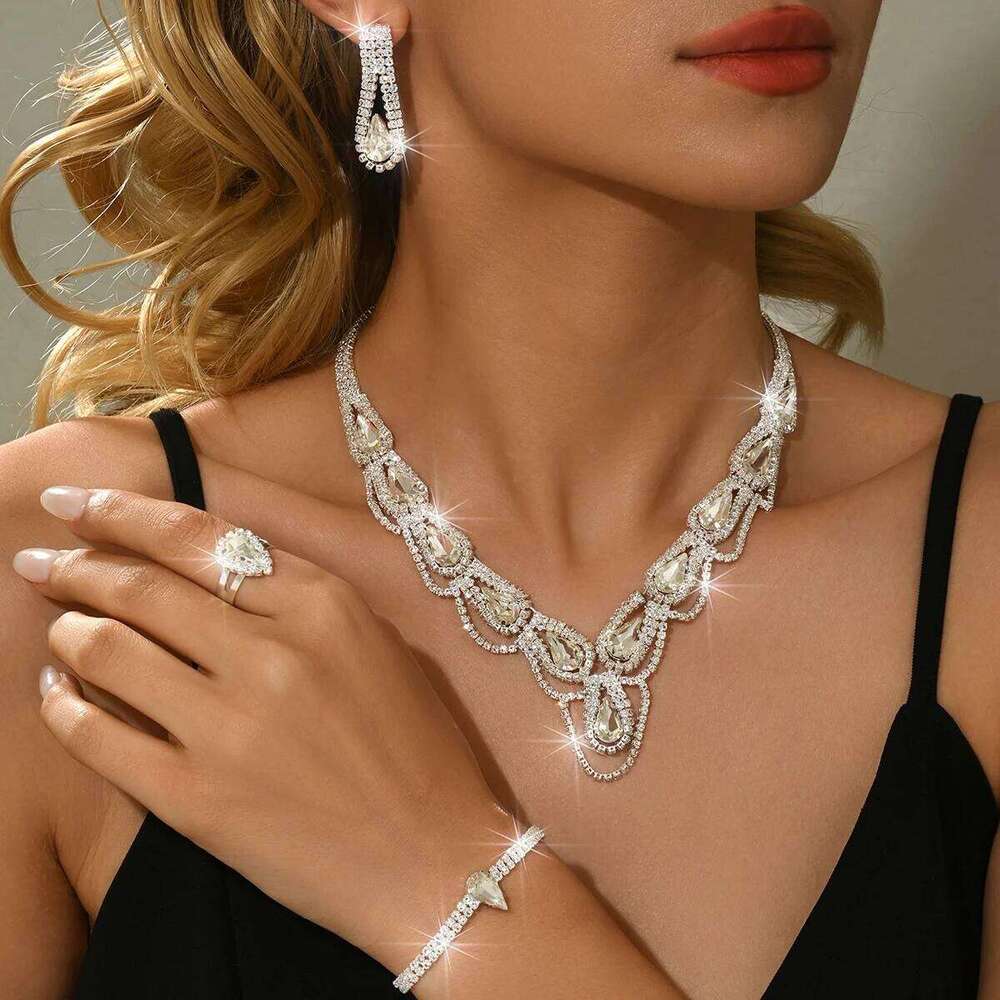 Full diamond design, fresh and simple two-color necklace, ring, earring, bracelet combination, four piece set Z260313