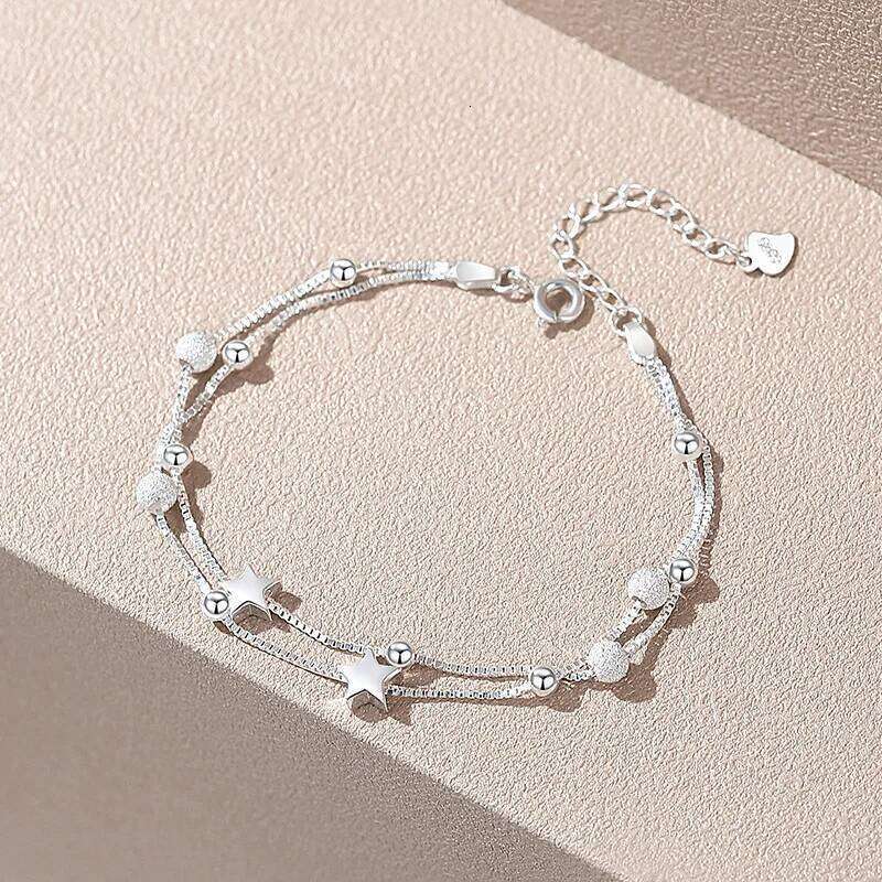 925 Sterling Silver Double Star Frosted Beads Bracelet Ladies Stylish Simple Birthday Wedding Anniversary Jewelry Gift Z260313