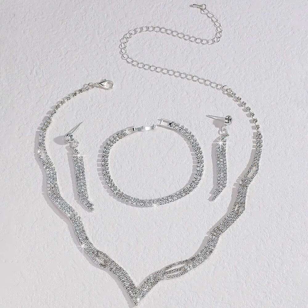 V-Shaped Crystal Jewelry Set 4Pcs Necklace+Bangle+Earrings Shiny Silver-Plated for Women Party Wedding Evening Accessories Pro Z260313