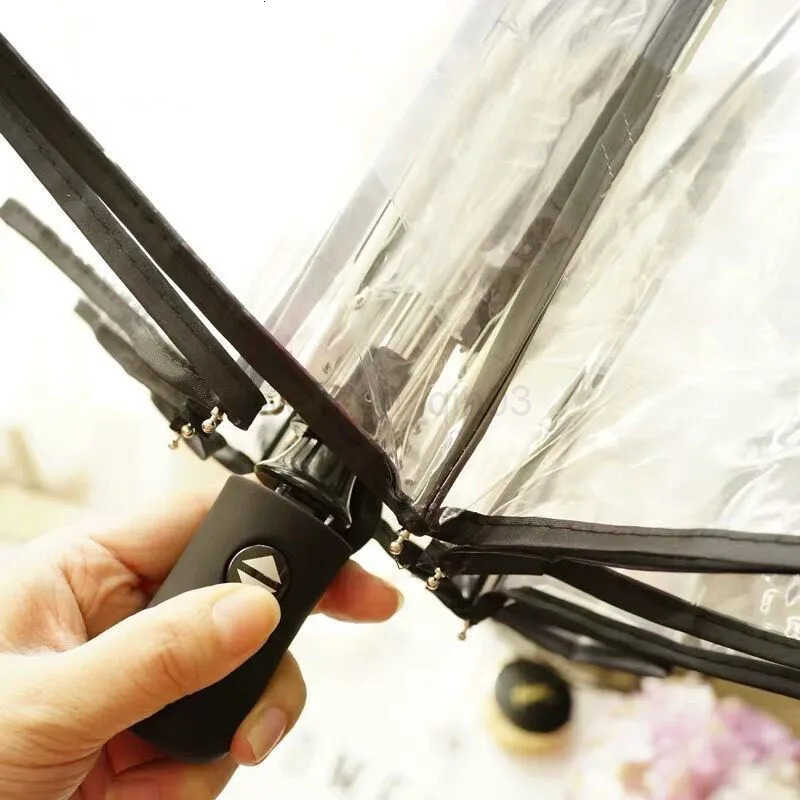 Transparent Folding Automatic Umbrella Men Ripple Edge Black Business Rain Umbrella Summer Women Sun Windproof Parasol H260314